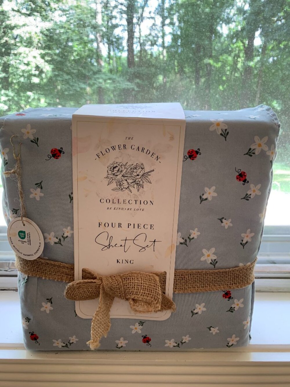 🌼🐞 NWT King Sheet Set Blue Daisy Ladybug Floral Cottagecore 4pc